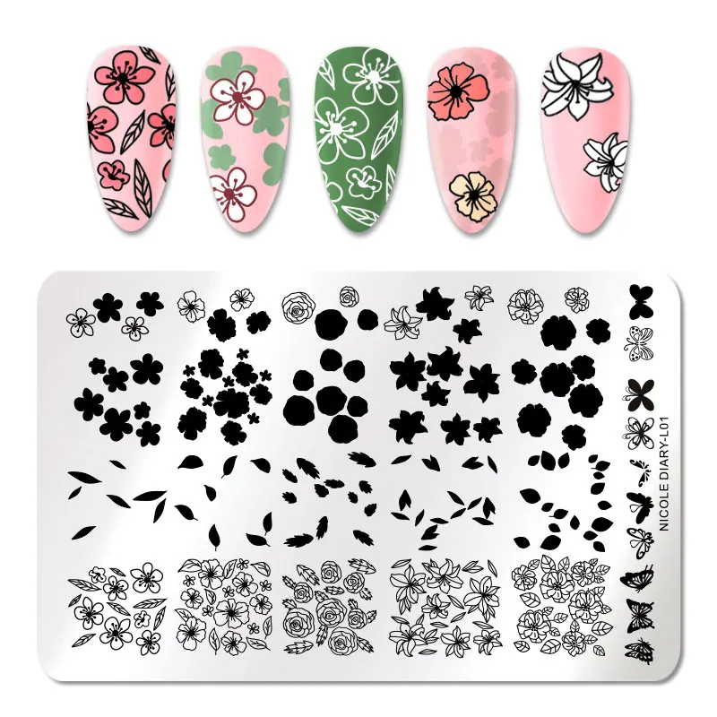 NICOLE дневник ногтей штамповки пластины цветок листья клен трафареты изображений лак шаблон ногтей штамп для дизайна ногтей инструменты - Цвет: L01