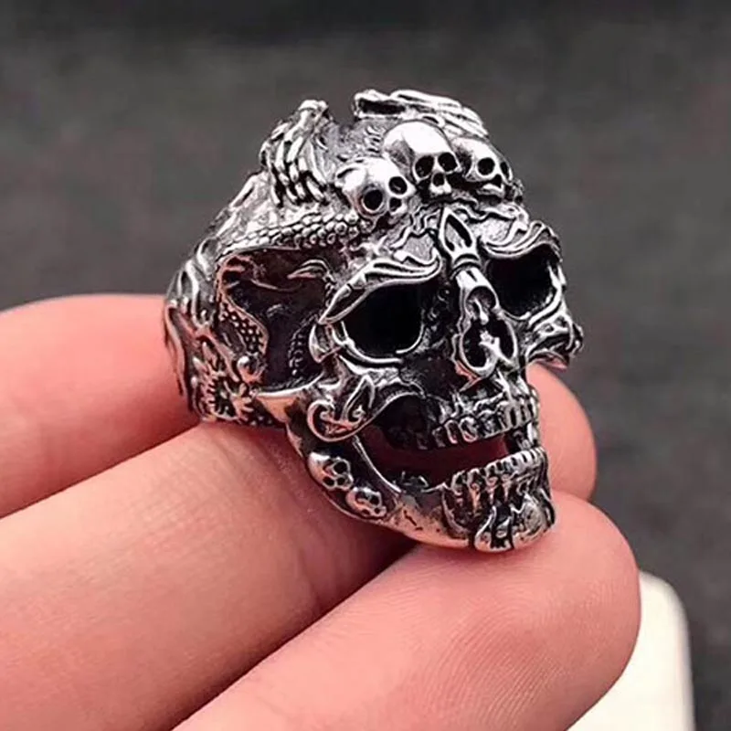 

Men Adjustable 925 Sterling Silver Skull head Carving Finger Ring Mens Engrave Ancient Dragon Thai Silver Skeleton Jewelry