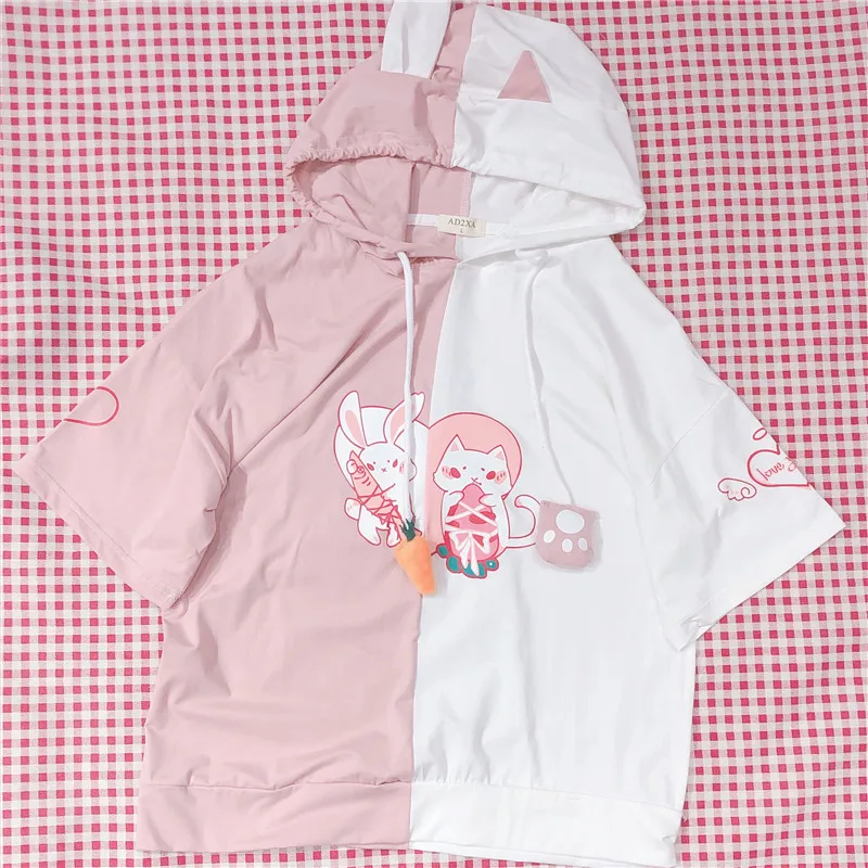 Красивая девочка Mori мультфильм с капюшоном футболки для женщин Kawaii Кролик кошка печати короткий рукав пуловер для подростков девочек студенческие повседневные топы 2 вида цветов