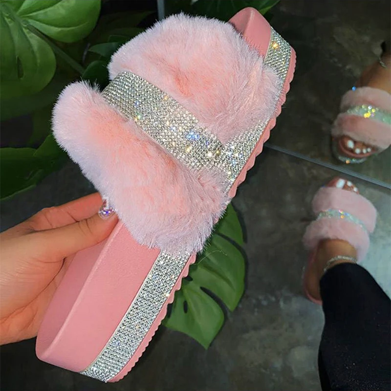 compañero presión perrito Sandalias de moda con diamantes de imitación para mujer, zapatillas  sencillas informales, sandalias peludas de una línea, tacón medio, suela  gruesa, 2021 - AliExpress Calzado