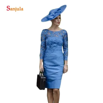 

Knee-Length Blue Satin Mother of the Bride Dresses Scopp Sheath 3/4 Sleeve Formal Dress for Women Lace Pleats Dineer Party D1278