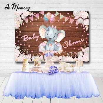 

InMemory Elephant Retro Wood Baby Shower Backdrops Bunting Pink Flowers Balloons Girls Newborn Birthday Party Background