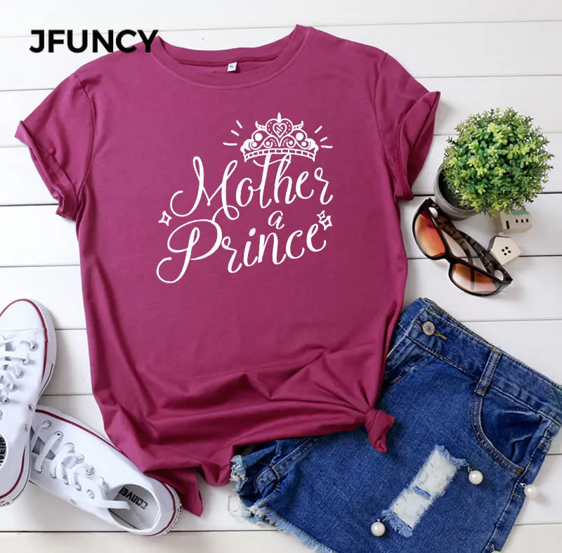 

JFUNCY Plus Size 2020 Summer Women Cotton T Shirts Mother and Prince Printed Tees Casual Short Sleeve Woman T-shirt Lady Tops