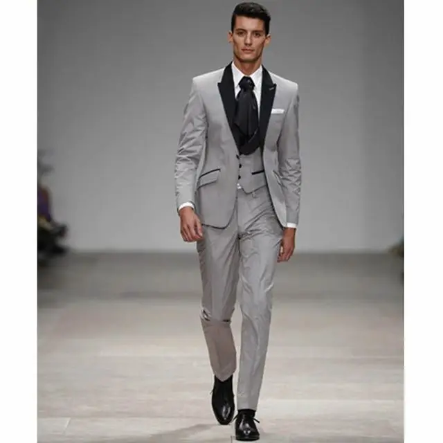 High Quality Light Grey With Black Lapel Groom Tuxedos Wedding Blazer Man Prom Suits Three Pieces(Jacket+Pants+Vest+ Tie)