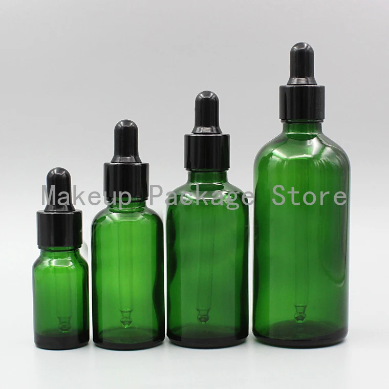 

2/10pcs 5ml 10ml 15ml 20ml 30ml 50ml 100ml Empty Green Glass DIY Essential Oil Dropper Bottle with Black Aluminum Rubber Cover