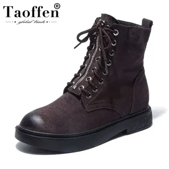 

TAOFFEN 2020 New Arrival Flats Stretch Boots Lace Up Round Toe Fashion Casual Daily Ankle Boots Winter Warm Botas Size 35-40