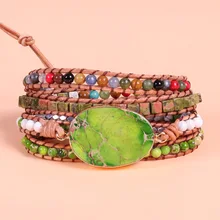 Женский кожаный браслет уникальные смешанные природные камни позолоченная каменная Подвеска 5 браслет из переплетенных нитей ручной работы браслет в стиле бохо Прямая поставка