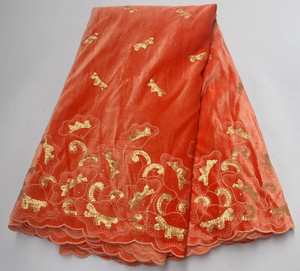 

Latest Embroidery With Gold Sequins Velvet Lace Fabrics for Party dress Orange African French Lace Nigerian Lace Fabric
