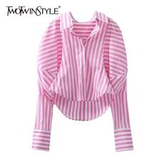 TWOTWINSTYLE Casual nieregularne różowe koszule w paski dla kobiet klapy z długim rękawem koreański proste bluzki kobiet 2021 moda lato tanie tanio CN (pochodzenie) COTTON guzik Lato 2021 STANDARD wyszywana Na wiosnę jesień TBL20970T02 z włókien syntetycznych 71 (włącznie)-80 (włącznie)