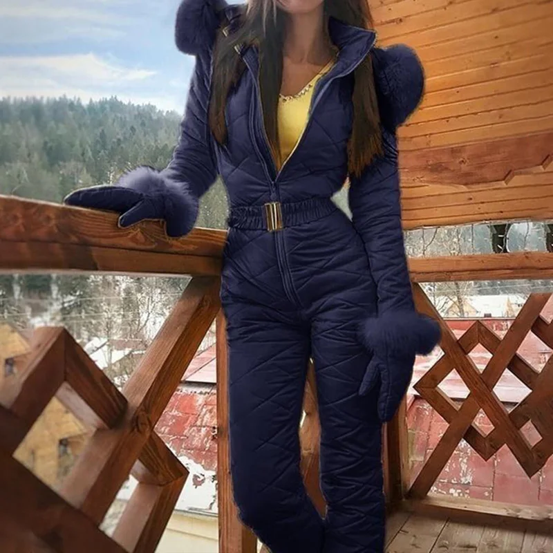 Зимний женский теплый зимний комбинезон, спортивный костюм на молнии, водонепроницаемый плотный комбинезон с капюшоном, Одноцветный женский комбинезон
