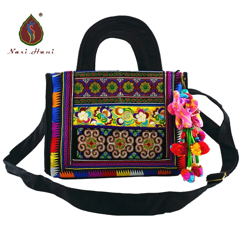 Bohemia black canvas totes bag Ethnic Embroidered bag Pendant square