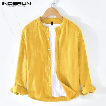 

INCERUN Solid Color Men Shirt Cotton Stand Collar Breathable Streetwear Casual Thin Shirts Men Long Sleeve Camisa Harajuku 2020
