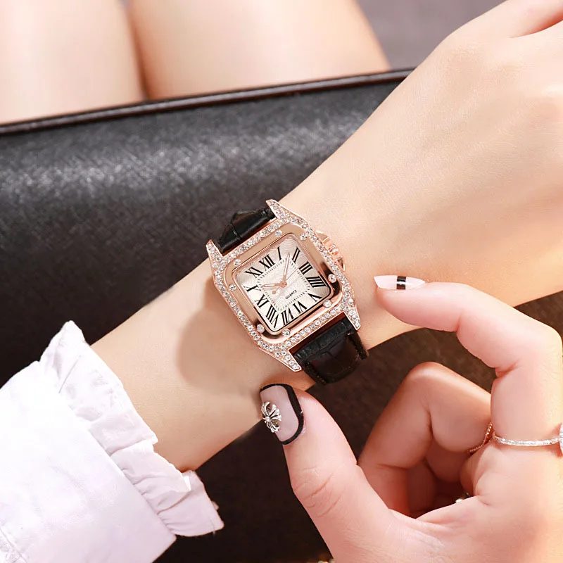 Женские часы с бриллиантами, Звездные роскошные часы с браслетом, женские повседневные кварцевые наручные часы с кожаным ремешком, женские часы zegarek damski - Цвет: Черный