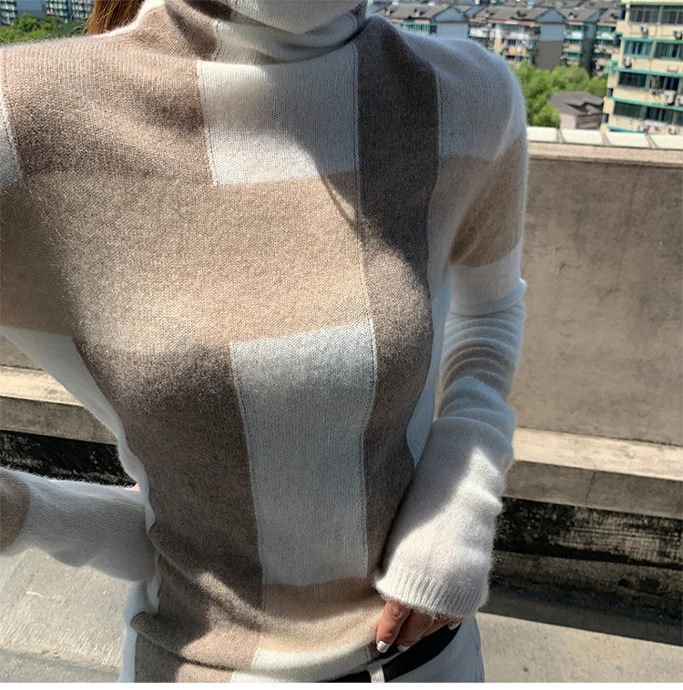cropped sweater New Cashmere Sweater Women's High-Neck Color Matching 100% Pure Wool Pullover Fashion Plus Size Warm Knitted Bottoming Shir black cardigan