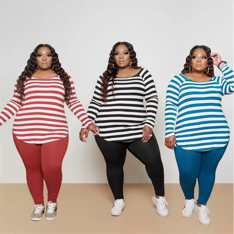 Conjunto de Duas Conjuntos de Correspondência Peças Feminino Tamanho Grande Agasalho Outono Lazer Roupas Manga Completa Listrado Pulôver Topo Sólida Calças Compridas 3 Plus size Conjuntos