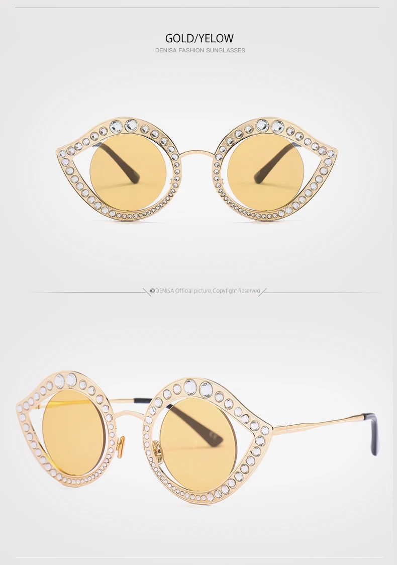 DENISA, круглые линзы, кошачий глаз, солнцезащитные очки для женщин,, трендовые очки со стразами, Винтажные Солнцезащитные очки для девушек, UV400, femme lunette G18616