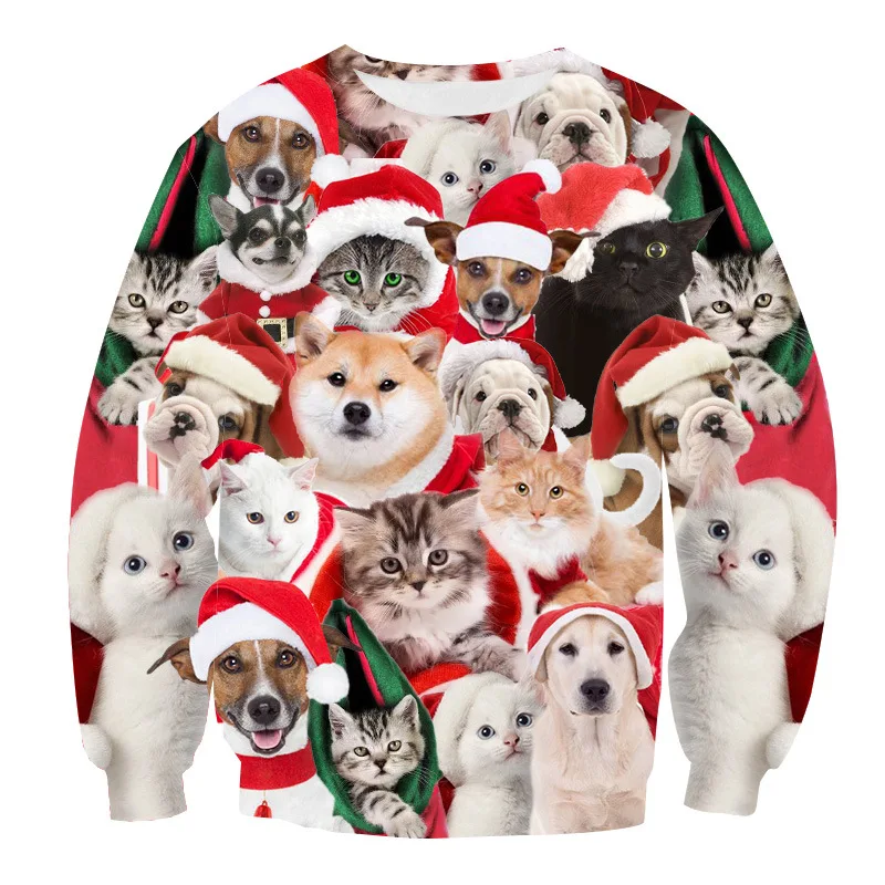 Забавный свитер с 3D принтом кота для мужчин и женщин, уродливые Рождественские свитера, джемперы, топы, пуловер с капюшоном для праздников и вечеринок, толстовка 3XL - Цвет: Size V
