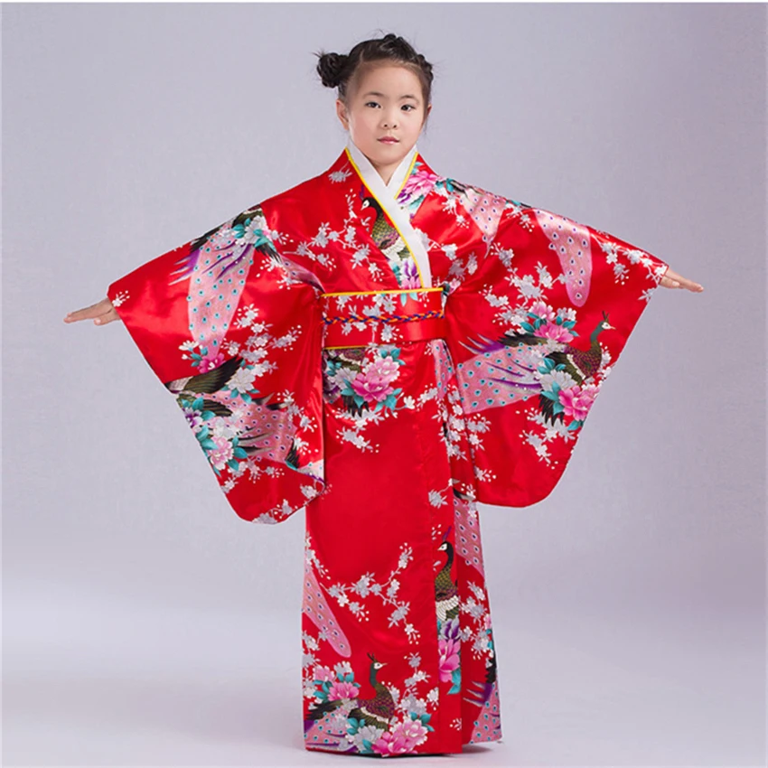 

110-150cm Baby Girls Japanese Kimono Dress Peacock Pattern Embroidery with Obi Kids Girls Bathing Robe Loose Yukata Outwear