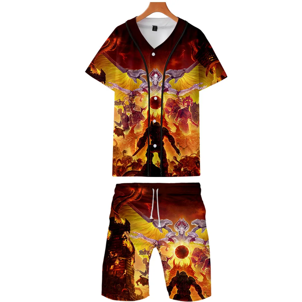 Doom вечный дизайн аниме мужской костюм из двух частей бейсбольная форма и шорты набор Повседневный мотор бег