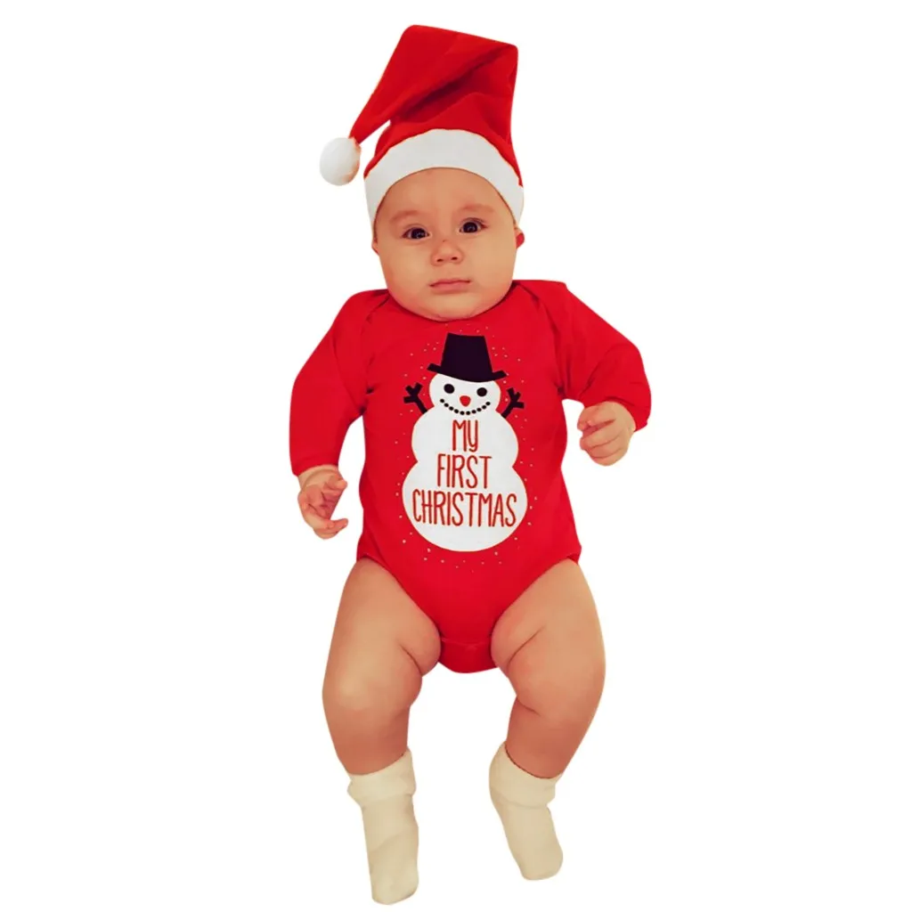 Комплекты детской одежды из 2 предметов для мальчиков и девочек, Рождественский комбинезон с длинными рукавами и надписью и изображением снеговика для малышей, комплект одежды с шапочкой,# G2