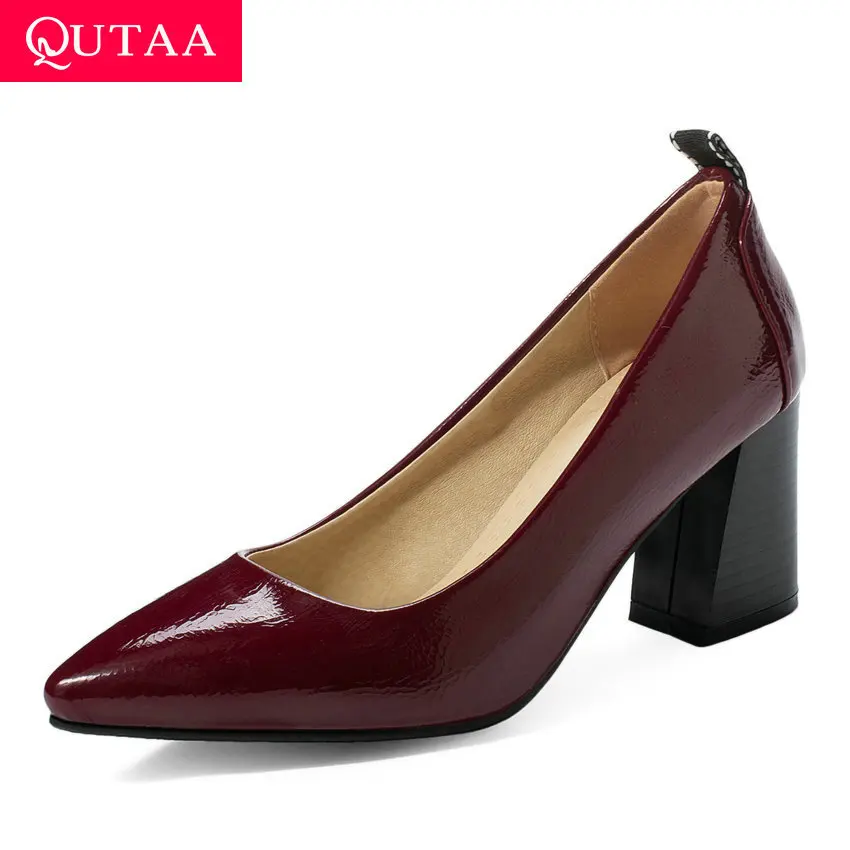 

QUTAA 2020 Square High Heel Concise Women Shoes PU Leather Ladies Pumps Fashion Pointed Toe Slip on Single Shoes Big Size 34-43