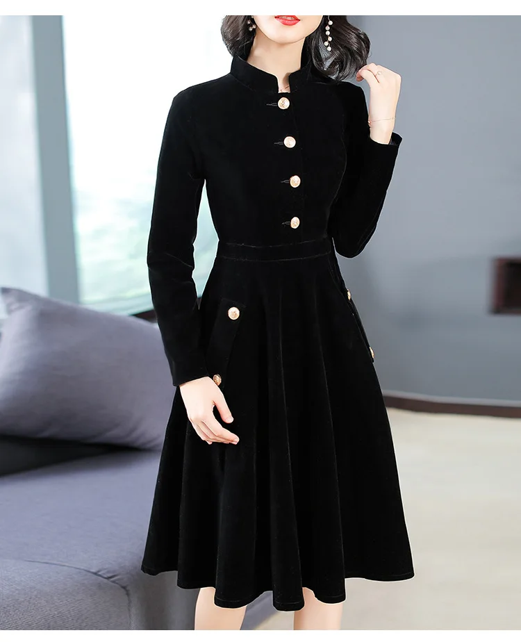 Винтажное бархатное платье со стоячим воротником, стиль, женское платье, элегантное, корейский стиль, Хепберн, черное платье для похудения, осень