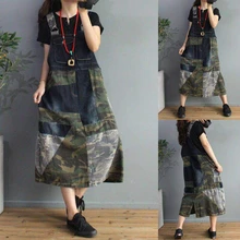 Robe en Jean style Camouflage pour femme, grande taille, Patchwork, Denim, Baggy, bretelles, coupe trapèze, style hip hop, petit ami, bavoir, cowboy 