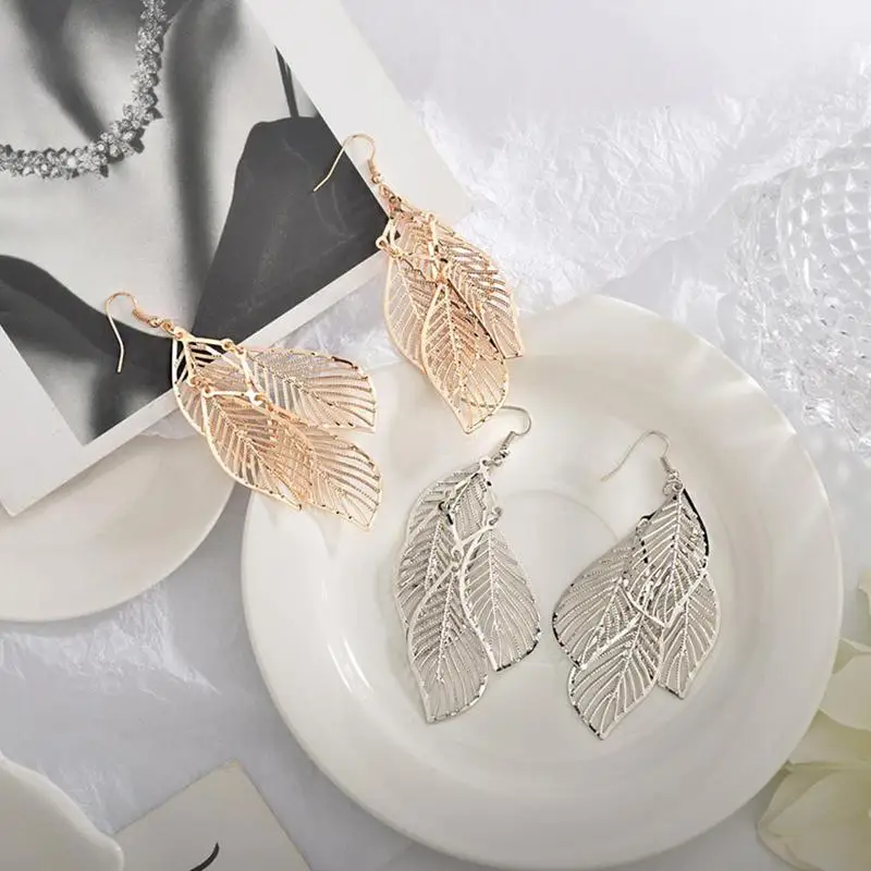 

National Style Retro Women's Earrings Simple Hollow Multi-layer Leaf Earrings Chic Earrings Female National Style Charm Jewelry