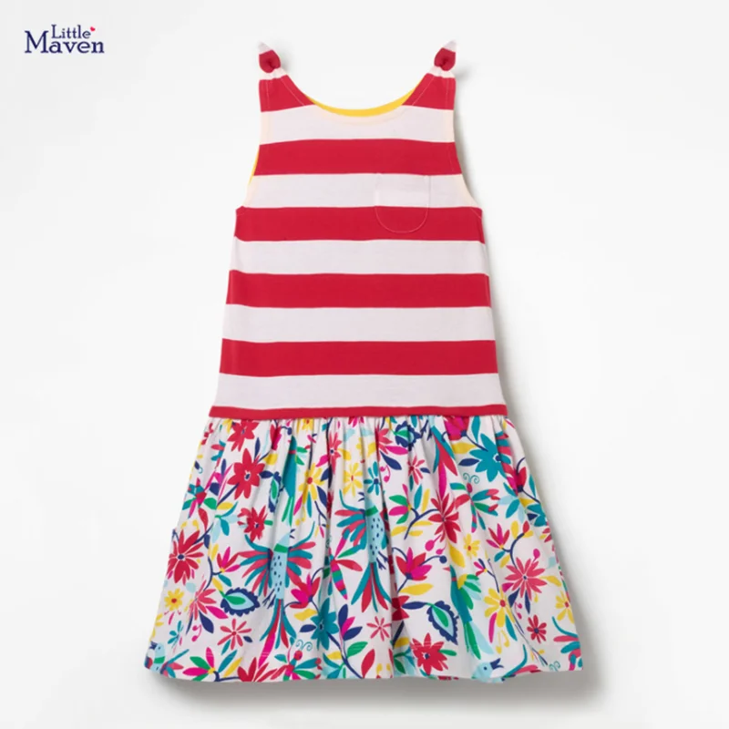 Красный Little maven/Новинка г.; летняя одежда для маленьких девочек; Брендовое платье; Детские хлопковые платья в полоску без рукавов с цветочным принтом - Цвет: Красный