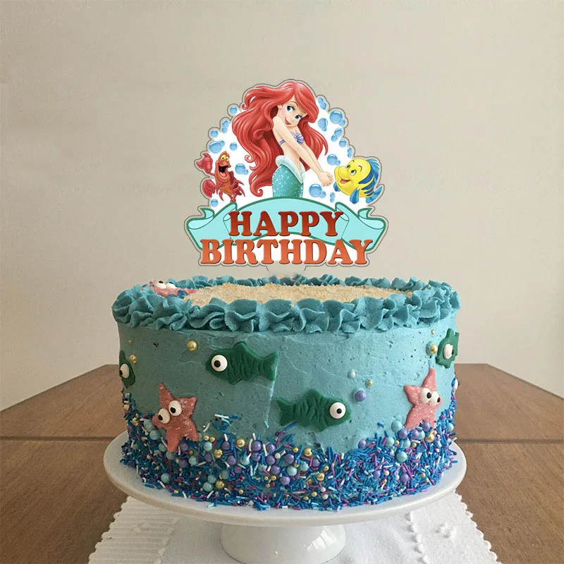 Gold Acrylic Mermaid Princess Happy Birthday Cake Topper Disney Princess Cake Decoration The Little Mermaid Theme Birthday Party Suppliers 