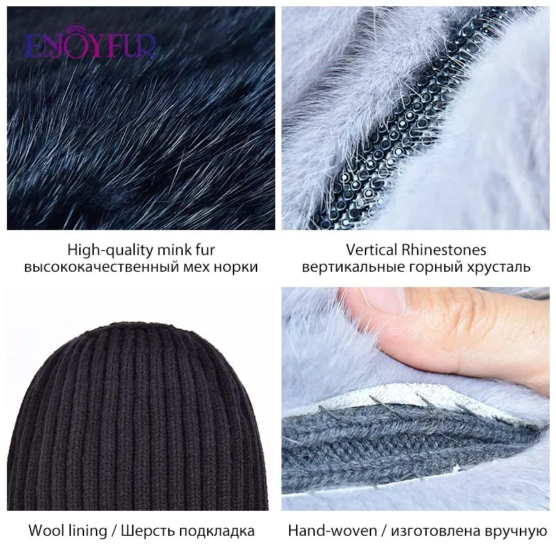 ENJOYFUR, натуральный Лисий мех, шапка для женщин, натуральный мех норки, женские зимние шапки, вертикальные Стразы, высокое качество, шапочки, модные шапки