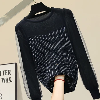 

Hot Drilling Knit Sweater Women's 2020 New Thin Loose Mesh Lantern Sleeve Top Knitting Shirt Female Spring Autumn Pull Femme