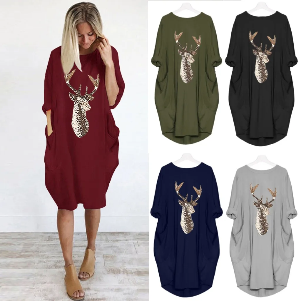 O Neck Long Pocket Christmas Dress