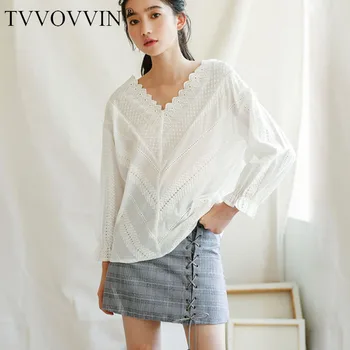 

Loose New Simple White Hollow Out Shirt Embroidery Women Clothes 2020 Spring New Breathable Thin V Neck Match All Blouse ZLL4833