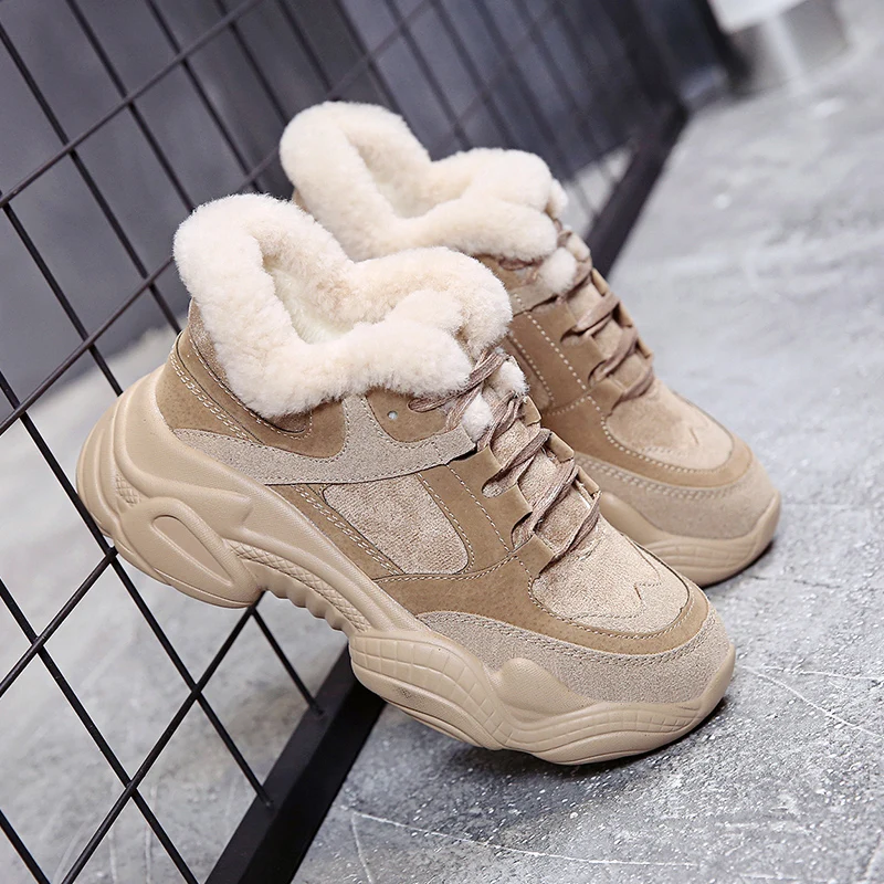 

Moxxy 2020 Women Chunky Sneakers Casual Beige Khaki Dad Platform Sneakers Women Shoes Lace Up Warm Fur Plush Winter Sneakers