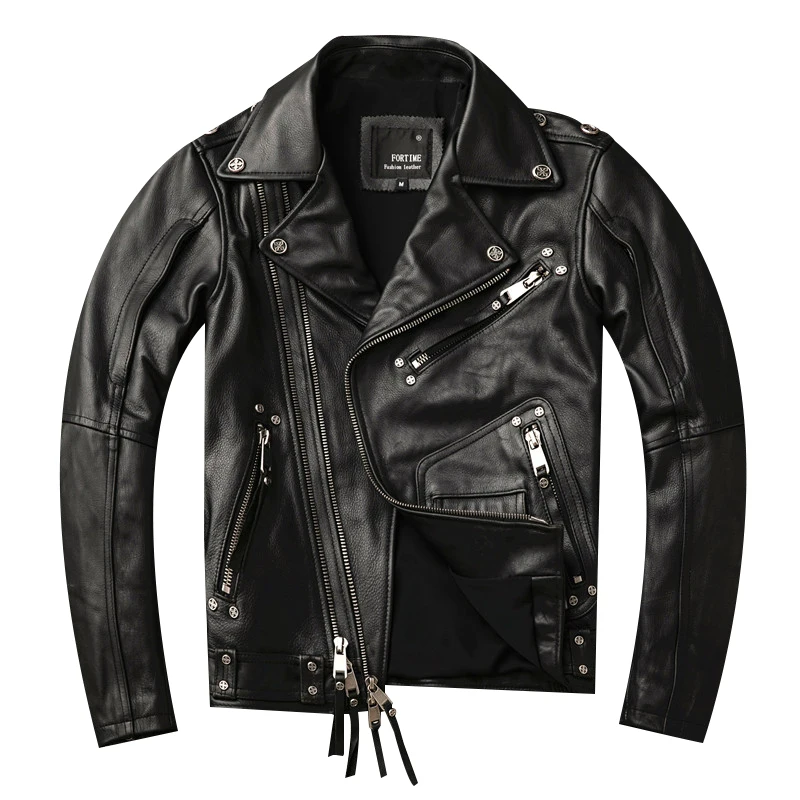 

HARLEY DAMSON Black Men American Style Motorcycle Leather Jacket Plus Size XXXXL Genuine Cowhide Slim Fit Biker's Leather Coat