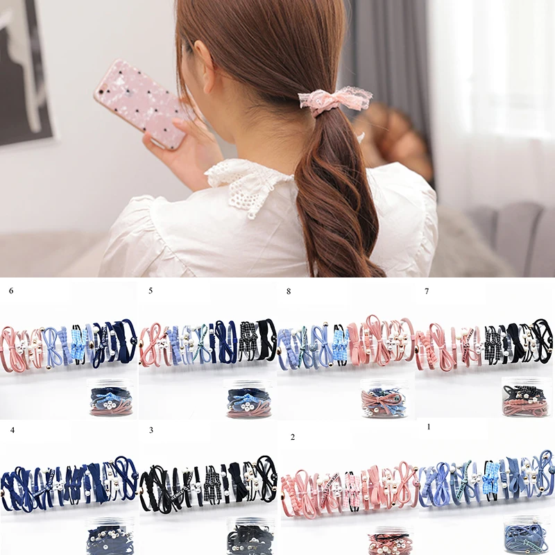 12Ps/Set Elastic Hair Bands For Hair Tie Blue Pink Women Girls Korean Flower Pearl Hair Bands Ponytail Holder Hair Accessories big hair clips