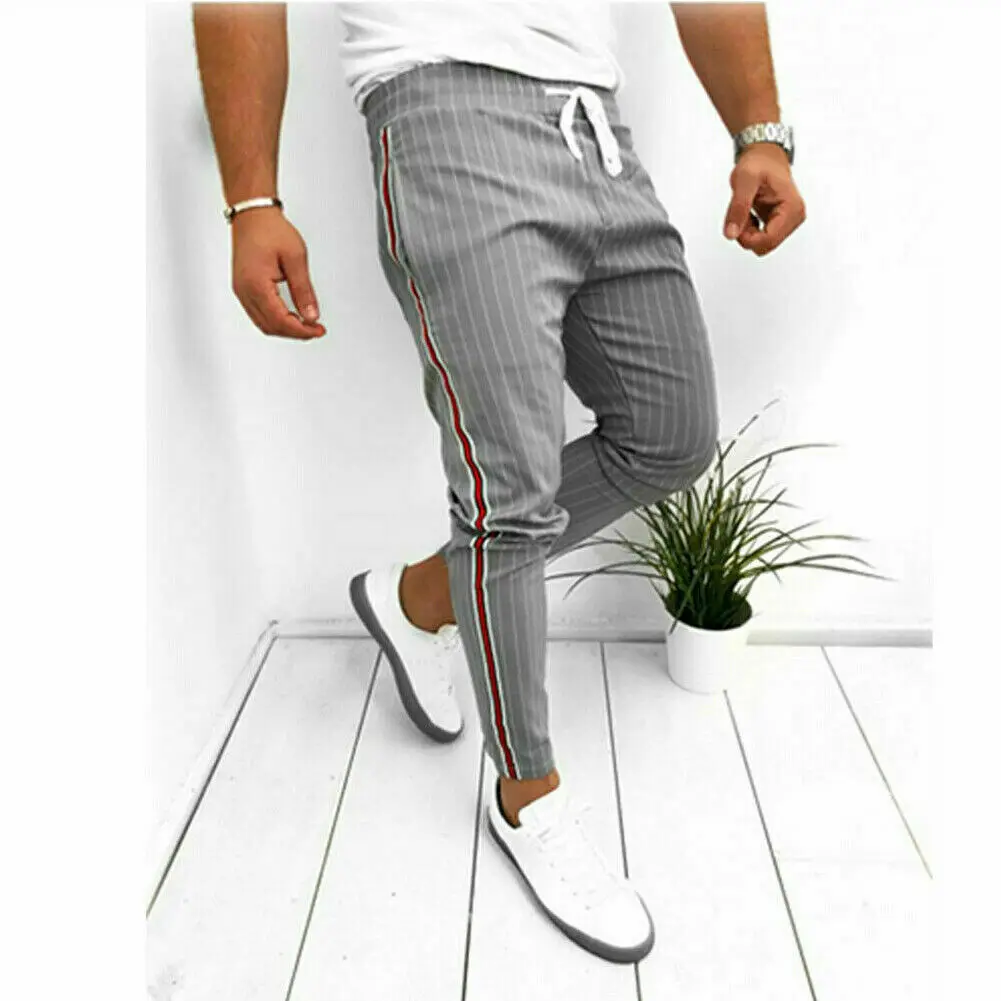 Модные мужские полосатые обтягивающие спортивные штаны, Twill Jogger, длинные брюки, спортивный костюм для фитнеса, тренировок, бегунов, тренажерного зала, спортивные штаны - Цвет: Серый