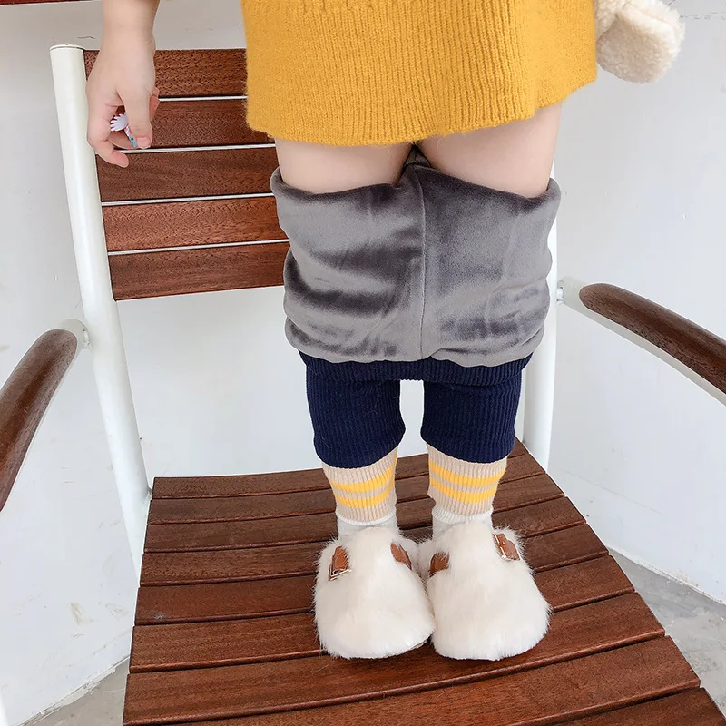 Winter Girls Smiling Face Pit Flannel Underpants Toddler Kids Knitted with Velvet Basic Cotton Leggings Children Trousers