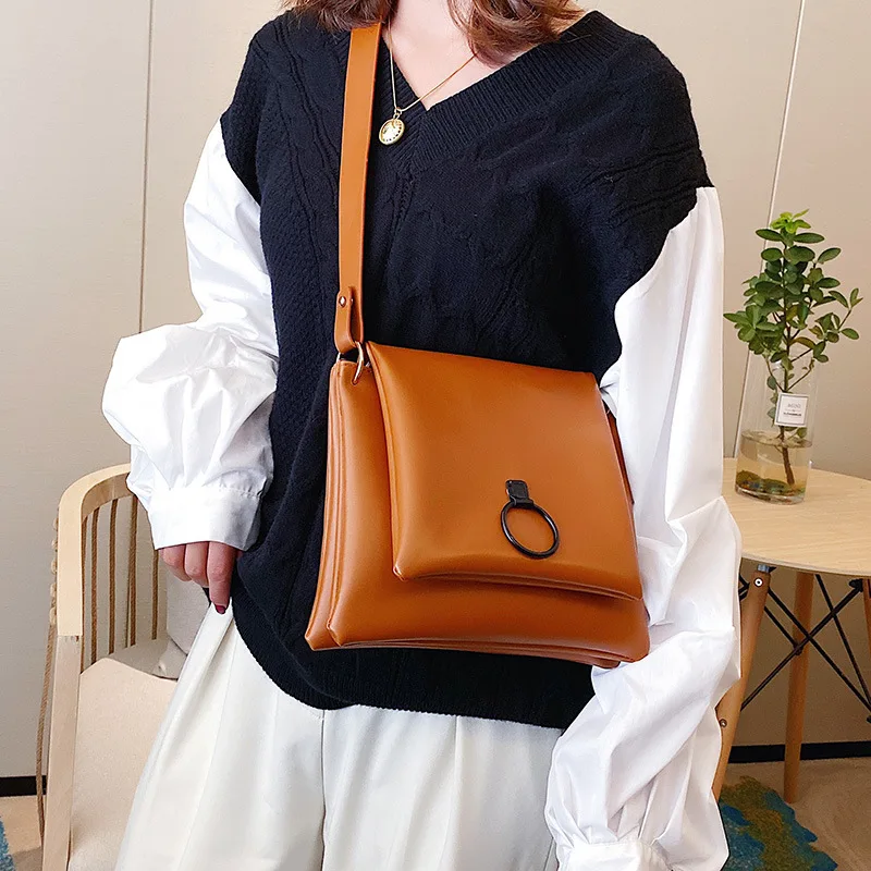 

Hong Kong Style Retro PU Strap Hide Substance Shoulder Bag 2019 New Style Versatile Simple Single-shoulder Bag for Women Bag Squ