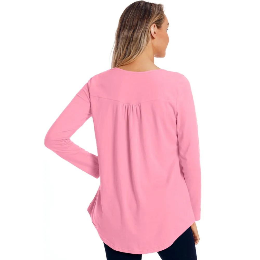 Осень сплошной цвет v-образным вырезом кнопка с длинными рукавами плиссированная Женская Повседневная рубашка для похудения