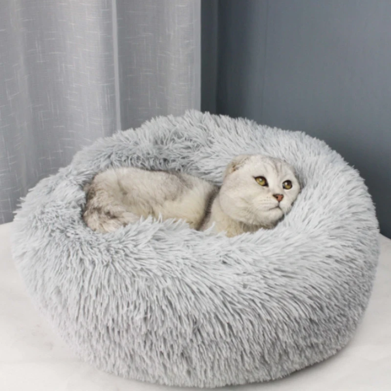 Круглая длинная плюшевая кровать для кошек, домик для домашних животных, мягкий коврик для кошек, круглая кровать для собаки для маленьких собак, Лежанка для котов, спальная кровать, подушка для щенка, Прямая - Цвет: Light gray