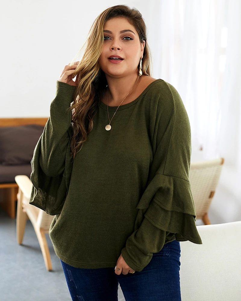 Plus Size Autumn Casual Fashion Women Pullover Crew Neck Long Ruffles Sleeve Plain Color Simple Baggy Tops Pull Femme New