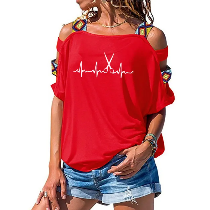 Новая летняя Парикмахерская футболка с сердцебиением, Женская хлопковая футболка с коротким рукавом для девочек, футболка парикмахера, сексуальная открытая футболка с открытыми плечами - Цвет: 7