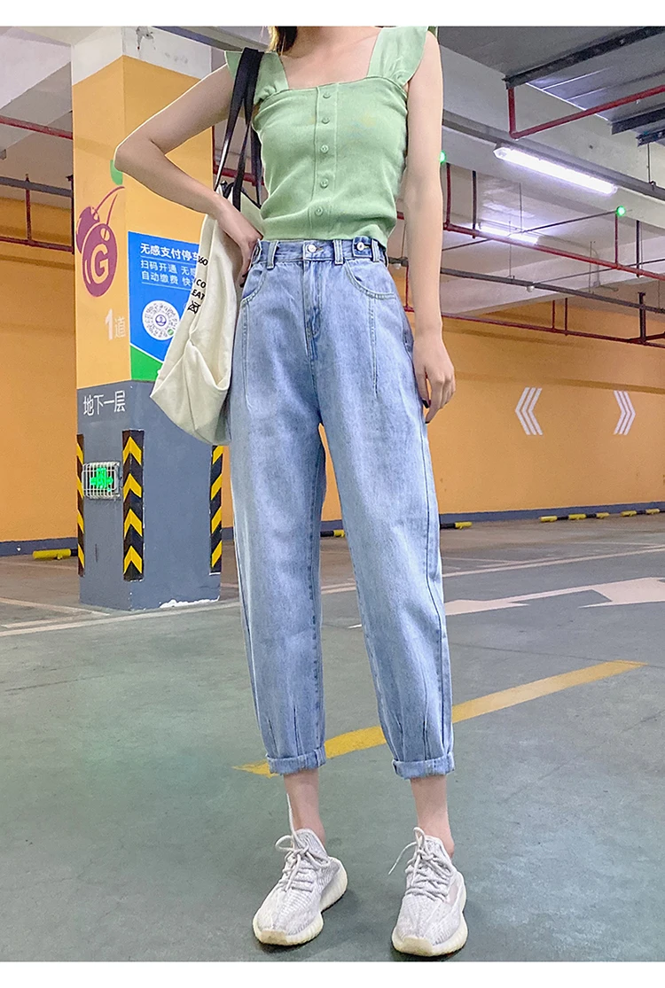 syiwidii high waist jeans woman 2020 new casual fashion skyblue Harem Pants street style women street style Spliced mom jeans