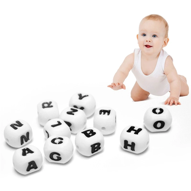 26 шт./лот, A-Z, буквы, силиконовые бусины, сделай сам, имя, Прорезыватель для зубов, Детские пустышки, бусы-клипсы, Пищевая силиконовая форма для кубиков, 12 мм, прорезыватели для зубов