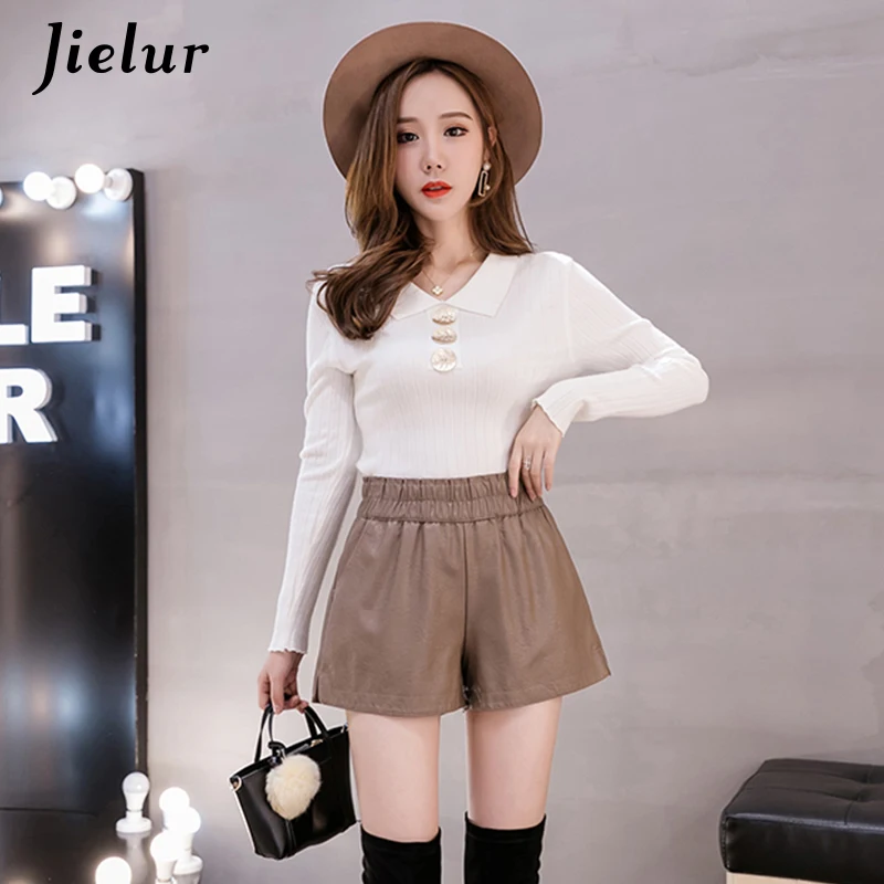 Jielur Новинка зимние блестящие шорты из искусственной кожи S-XXL женские шорты с эластичной резинкой на талии широкие шорты женские модные черные корейские шорты