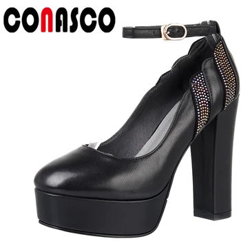 

CONASCO New Genuine Leather Women Wedding Party Shoes Rhinestone Ankle Strap High Heels Thick Heels Shallow Mature Shoes Woman