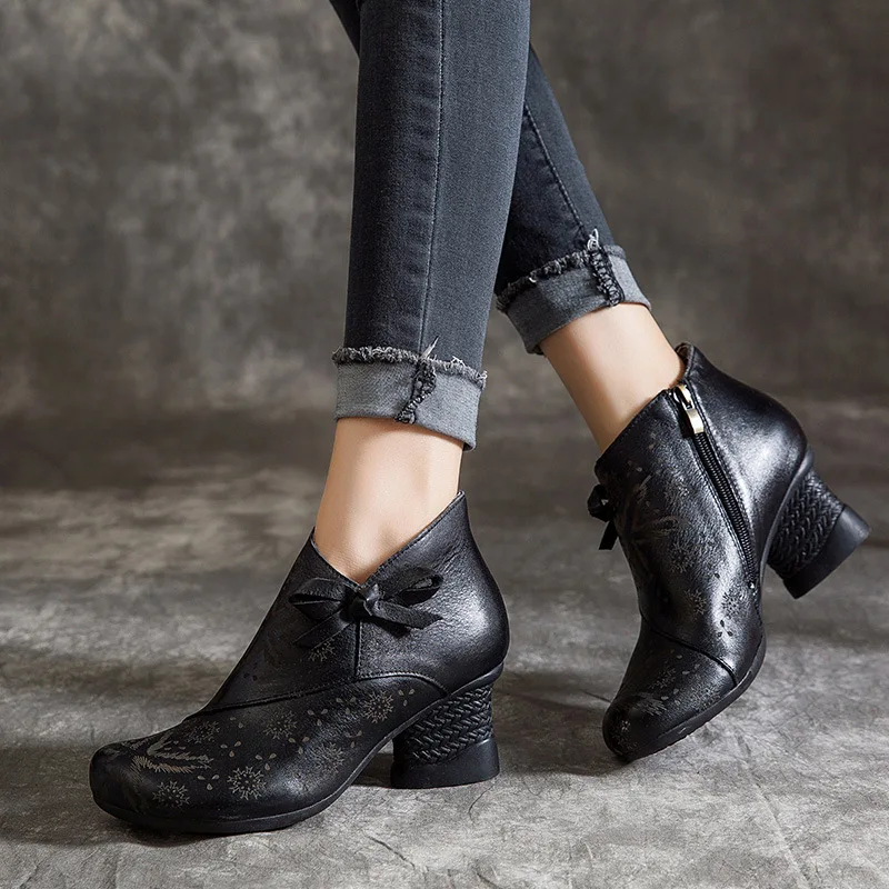 

2019 Autumn And Winter New Style Ethnic-Style Full-grain Leather Chunky-Heel WOMEN'S Shoes Sweet Bow round-Toe Comfortable WOMEN