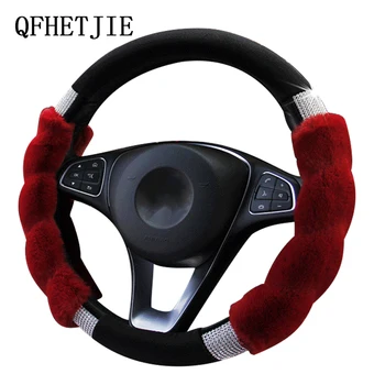 

QFHETJIE Winter Plush Car Steering Wheel Cover Length Plush Plush Imitation Rex Rabbit Fur Diamond Anti-skid Warm Handle Cover